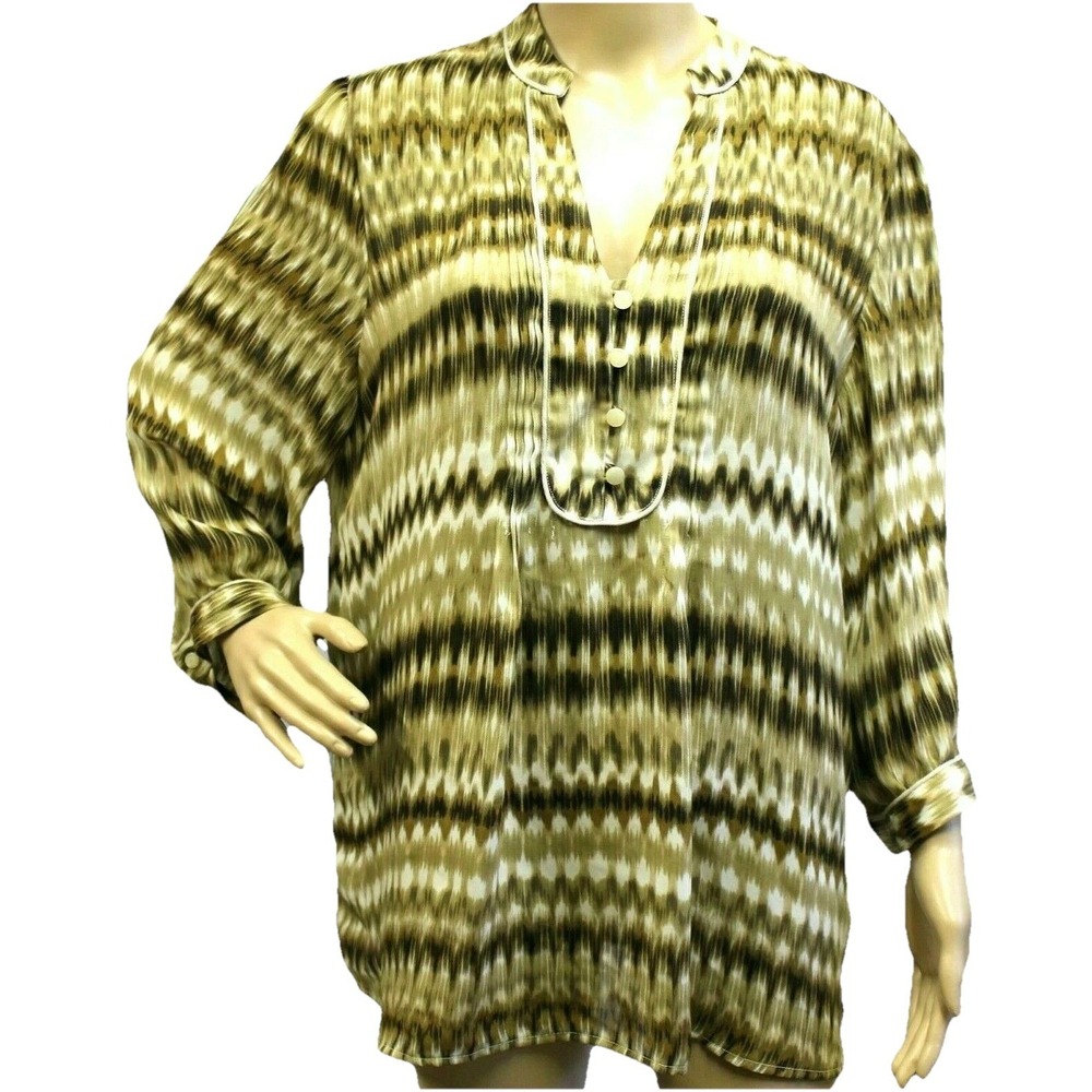 Banana Republic Womens Y2K Blouse XL Green Aztec 3/4 Sleeve Top Peasant